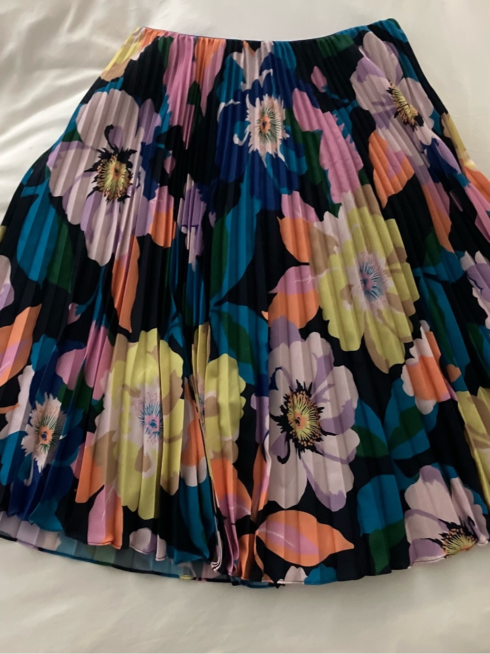 Anthropologie Black Floral Pleated Skirt with Yellow, Pink & Blue Blooms